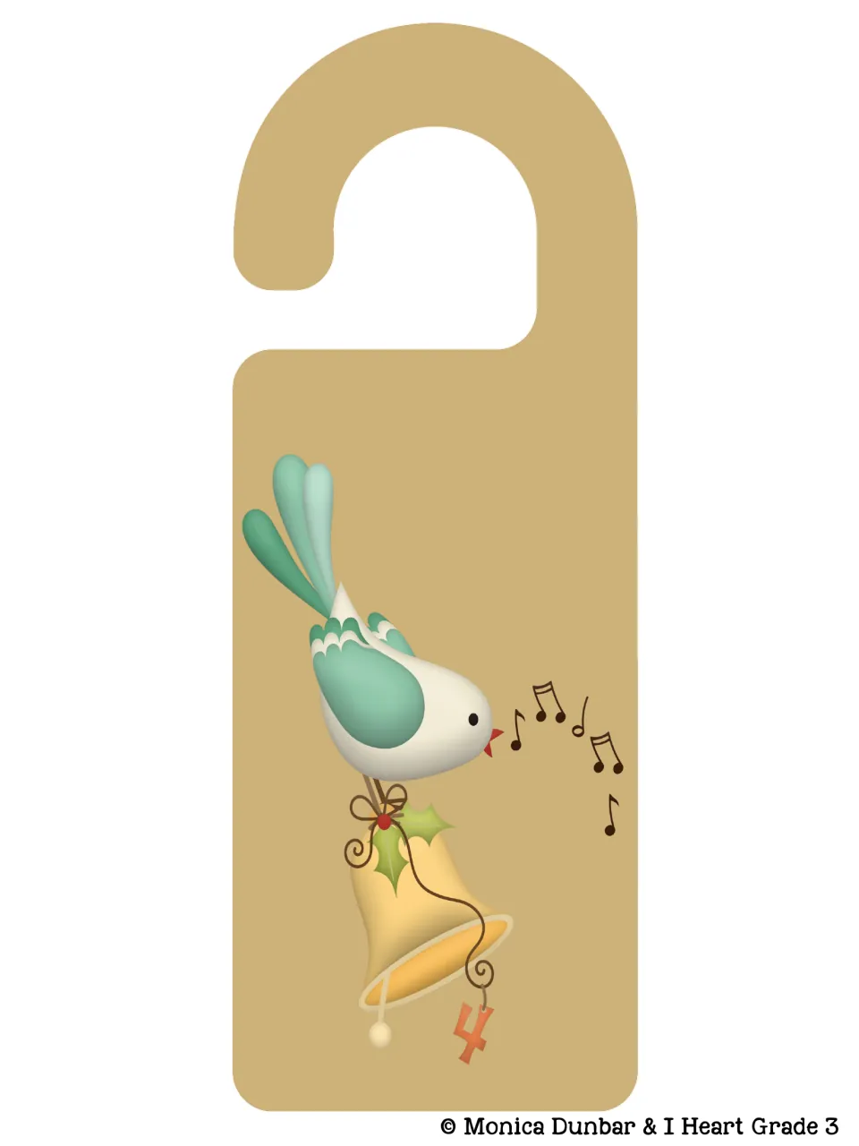 Day 4 door hanger shows a calling bird above a bell, musical notes, and a hanging numeral 4 to match the poster