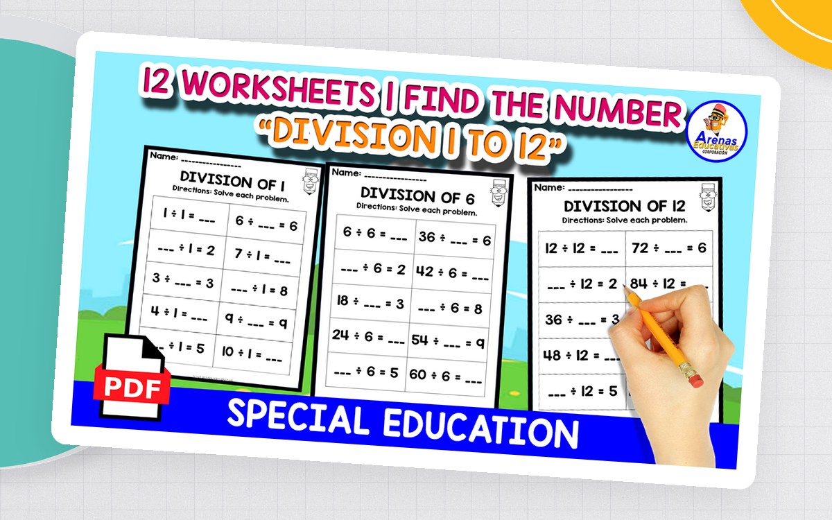 Division 0 to 12 first image with twelve find-the-missing-number worksheets