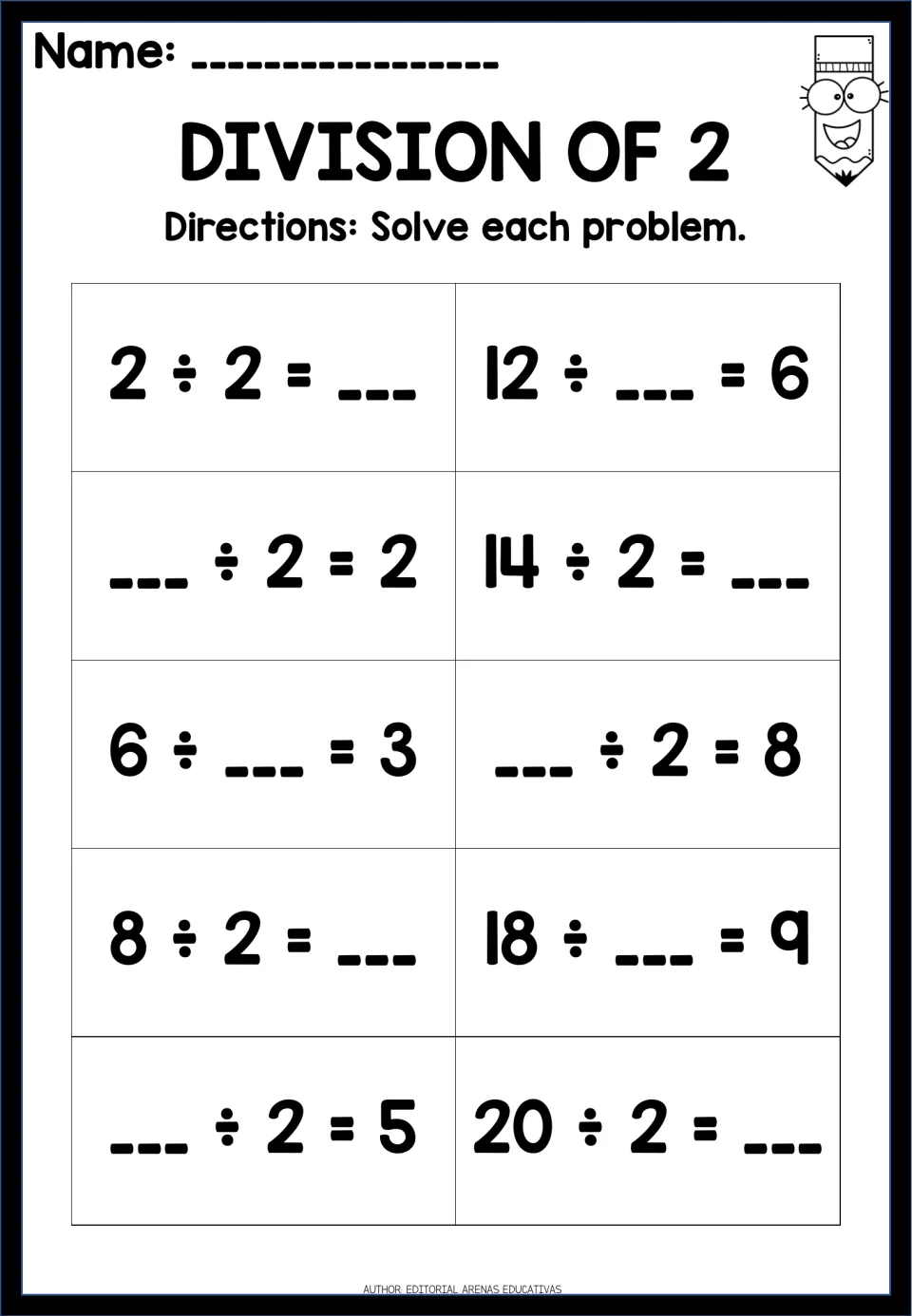 Division of 2: 10 missing-number equations such as 12 ÷ __ = 6 and __ ÷ 2 = 8, practising halving facts