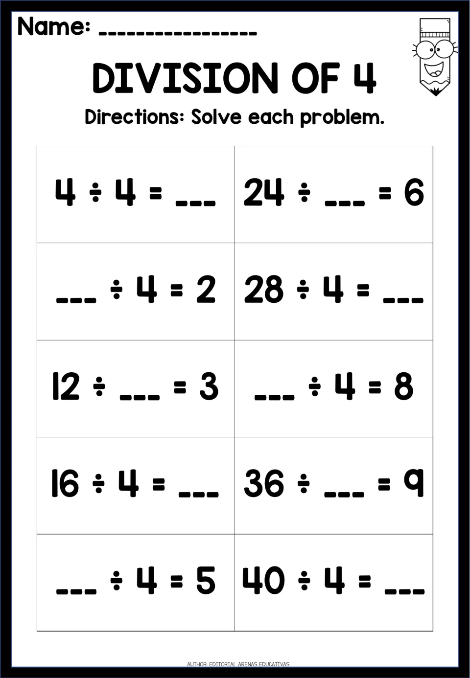 Division of 4: solve 10 fact problems with a blank dividend, divisor or quotient, such as 24 ÷ __ = 6 and 40 ÷ 4