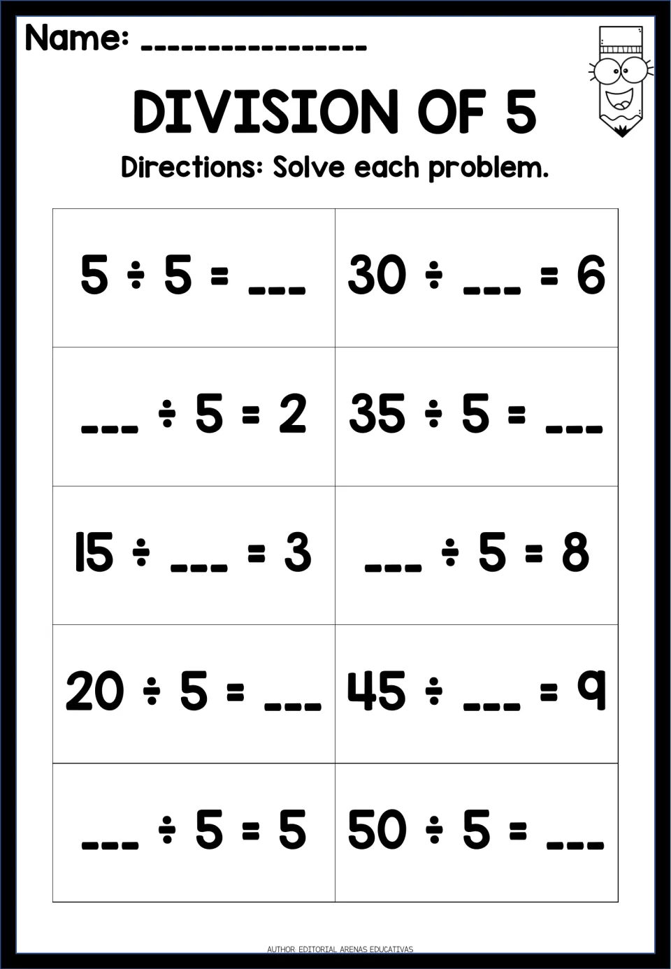 Division of 5: missing-number facts from 5 ÷ 5 to 50 ÷ 5, with blanks like 15 ÷ __ = 3 and __ ÷ 5 = 8 to complete