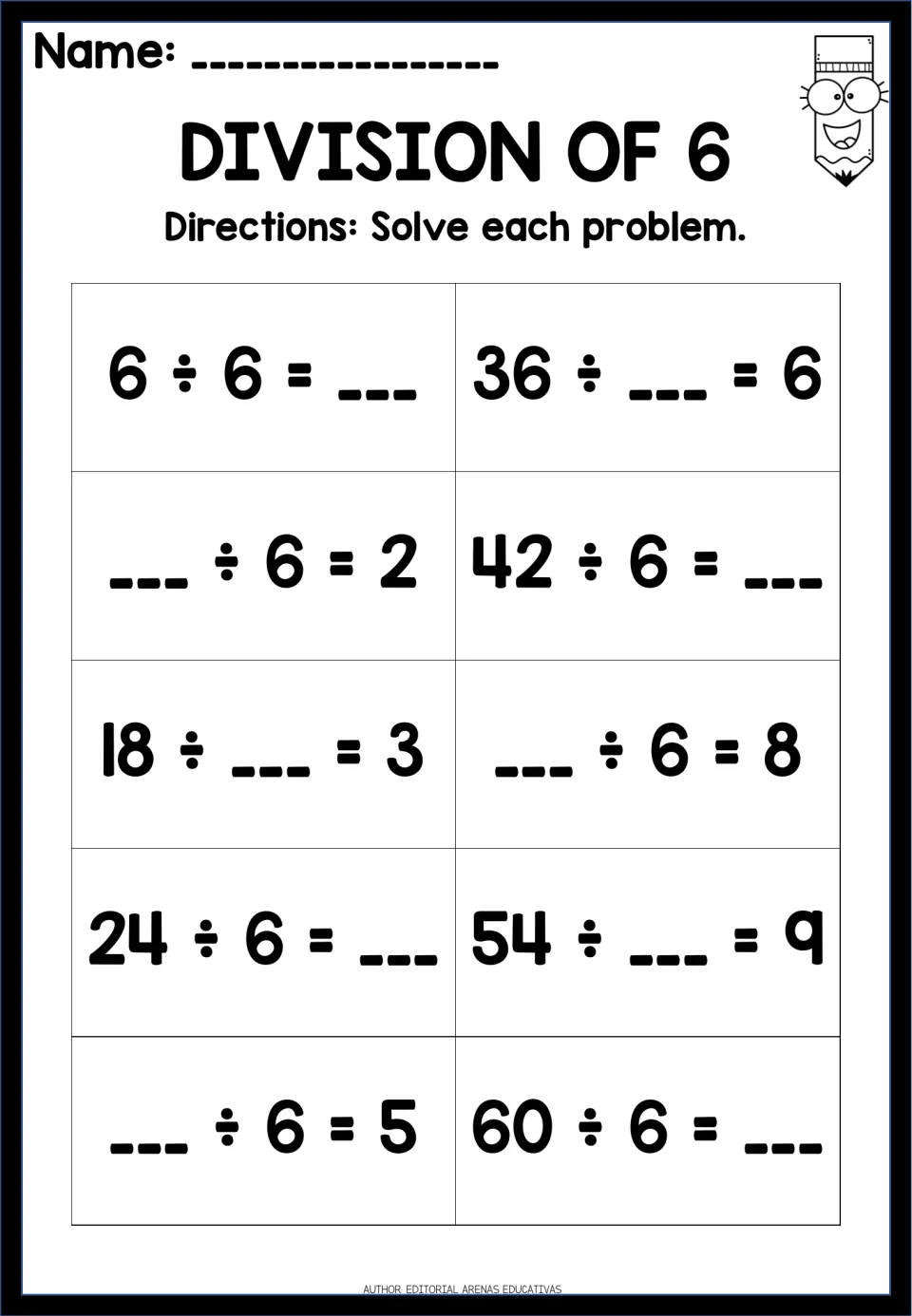 Division of 6: students complete 10 division facts such as 36 ÷ __ = 6, 42 ÷ 6 = __ and __ ÷ 6 = 5