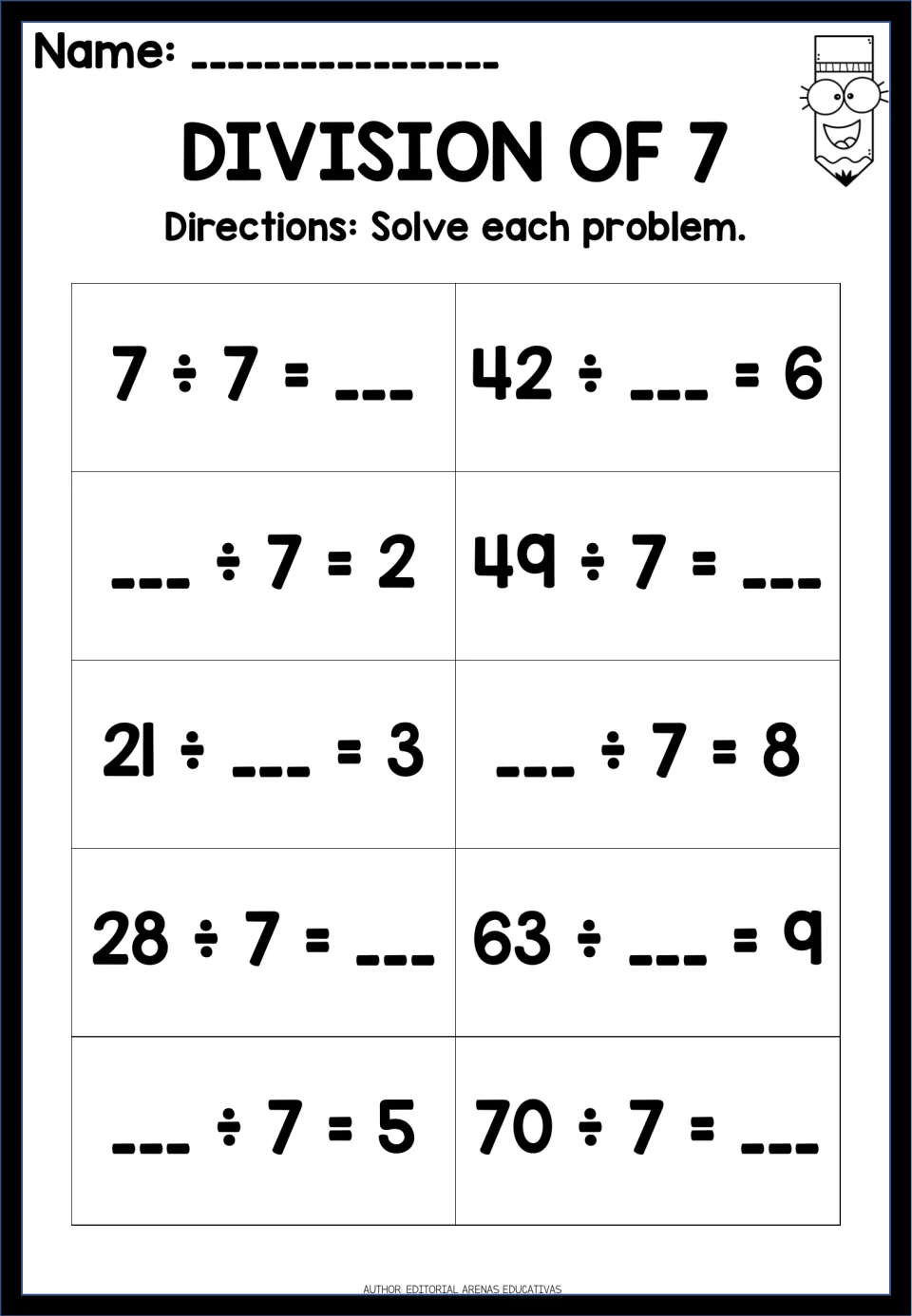 Division of 7: find the missing dividend, divisor or quotient in 10 facts such as 49 ÷ 7, 21 ÷ __ = 3 and 63 ÷ __ = 9