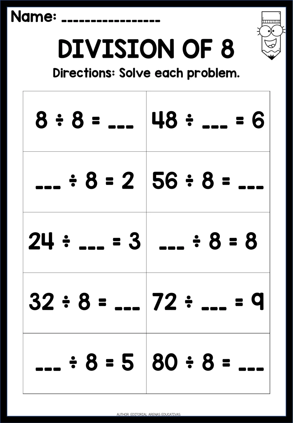 Division of 8: 10 fill-in-the-blank facts from 8 ÷ 8 to 80 ÷ 8, including 48 ÷ __ = 6 and __ ÷ 8 = 8