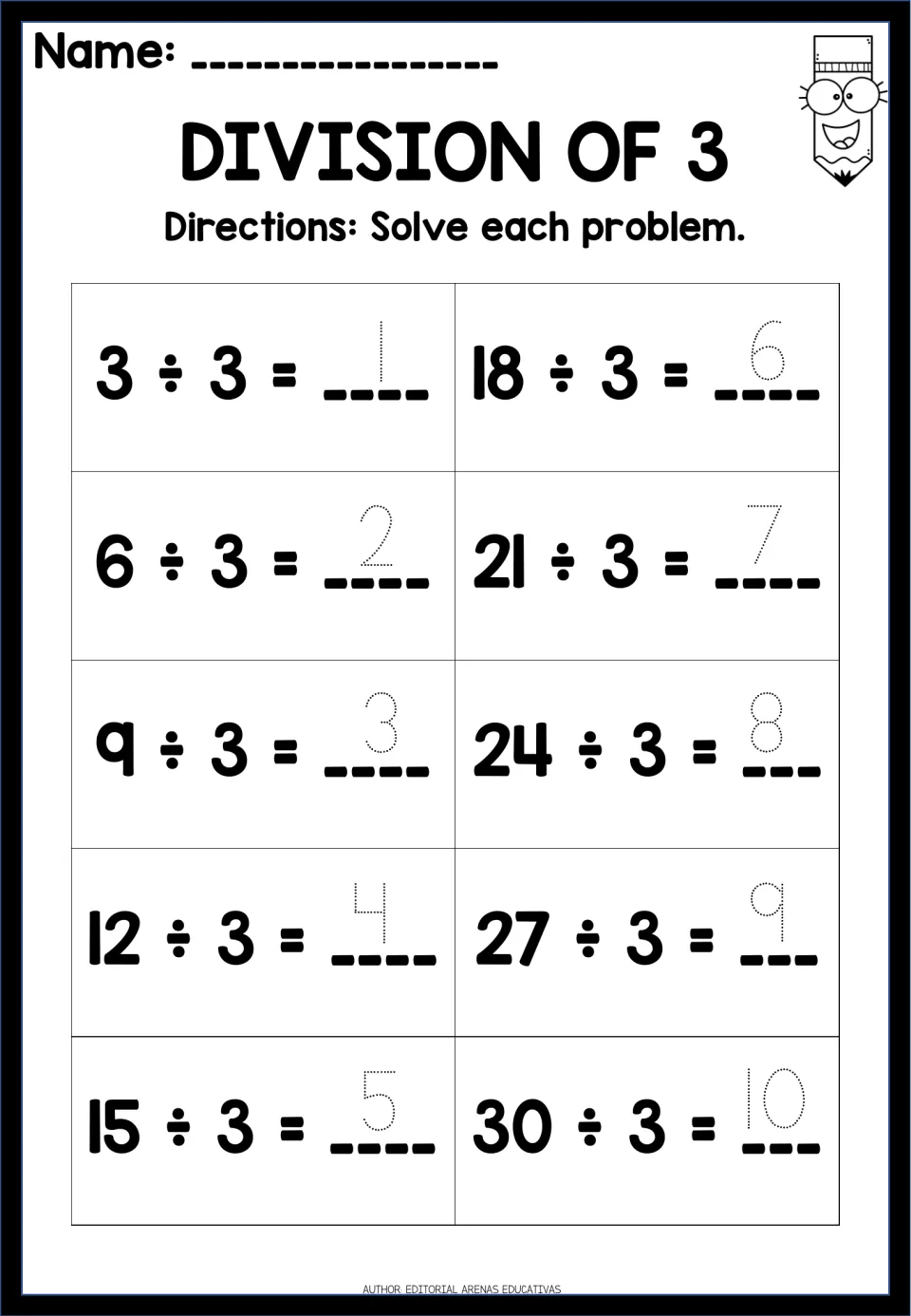 Division by 3 tracing worksheet: 10 equations from 3 ÷ 3 = 1 through 30 ÷ 3 = 10, with dotted answers