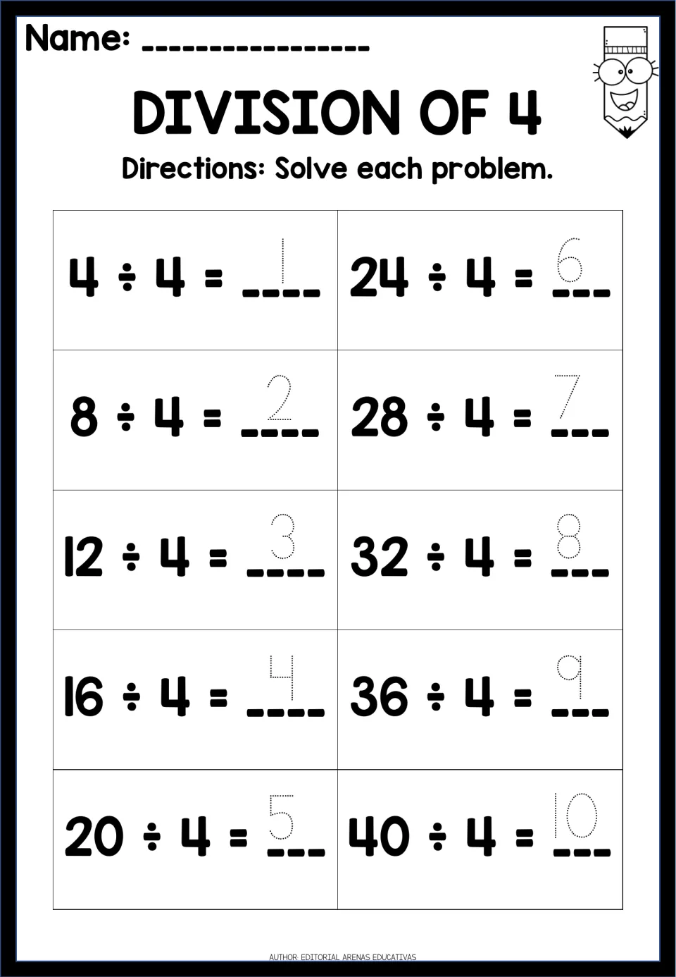 Division by 4 tracing worksheet: 10 equations from 4 ÷ 4 = 1 through 40 ÷ 4 = 10, with dotted answers