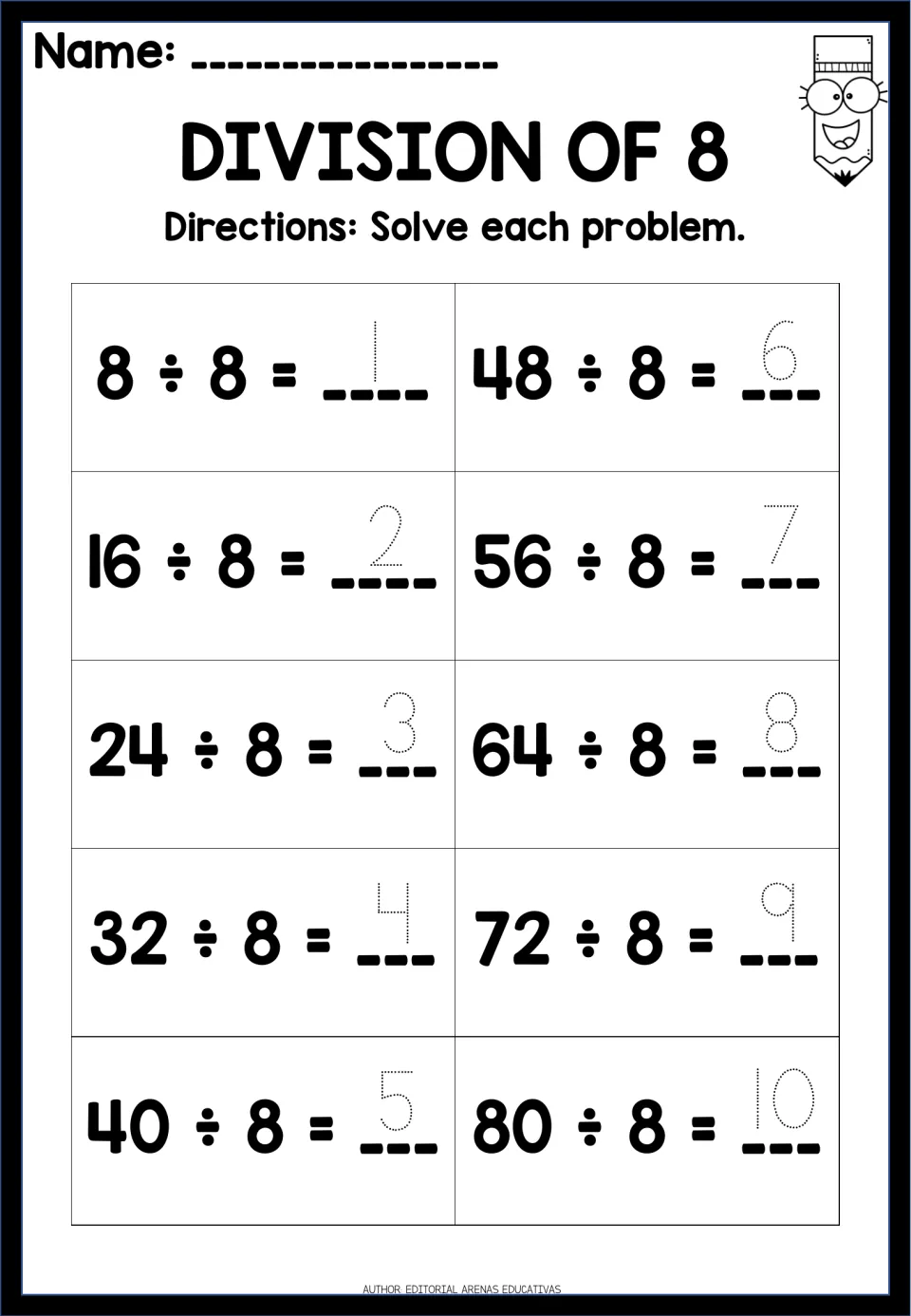 Division by 8 tracing worksheet: 10 equations from 8 ÷ 8 = 1 through 80 ÷ 8 = 10, with dotted answers