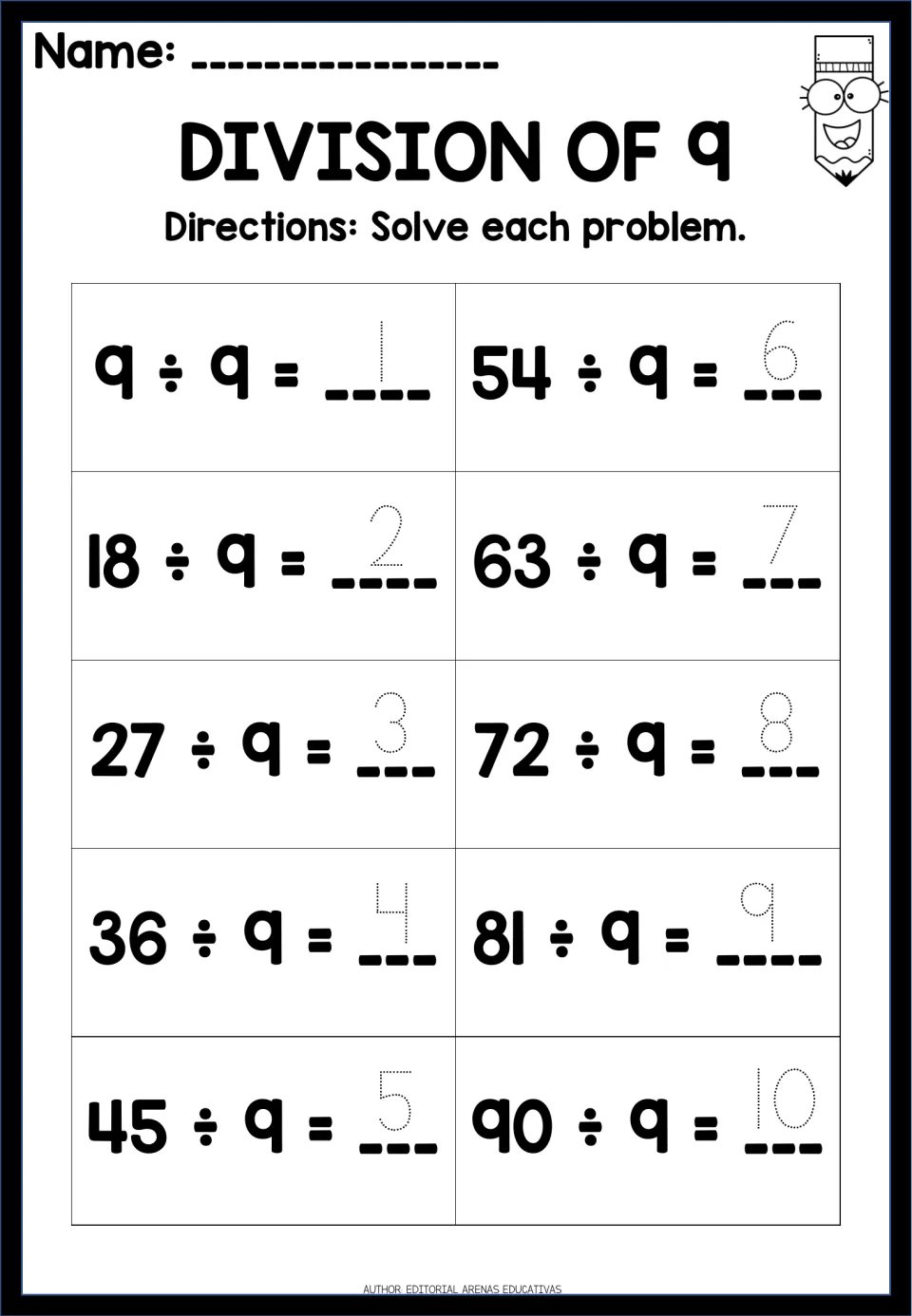 Division by 9 tracing worksheet: 10 equations from 9 ÷ 9 = 1 through 90 ÷ 9 = 10, with dotted answers