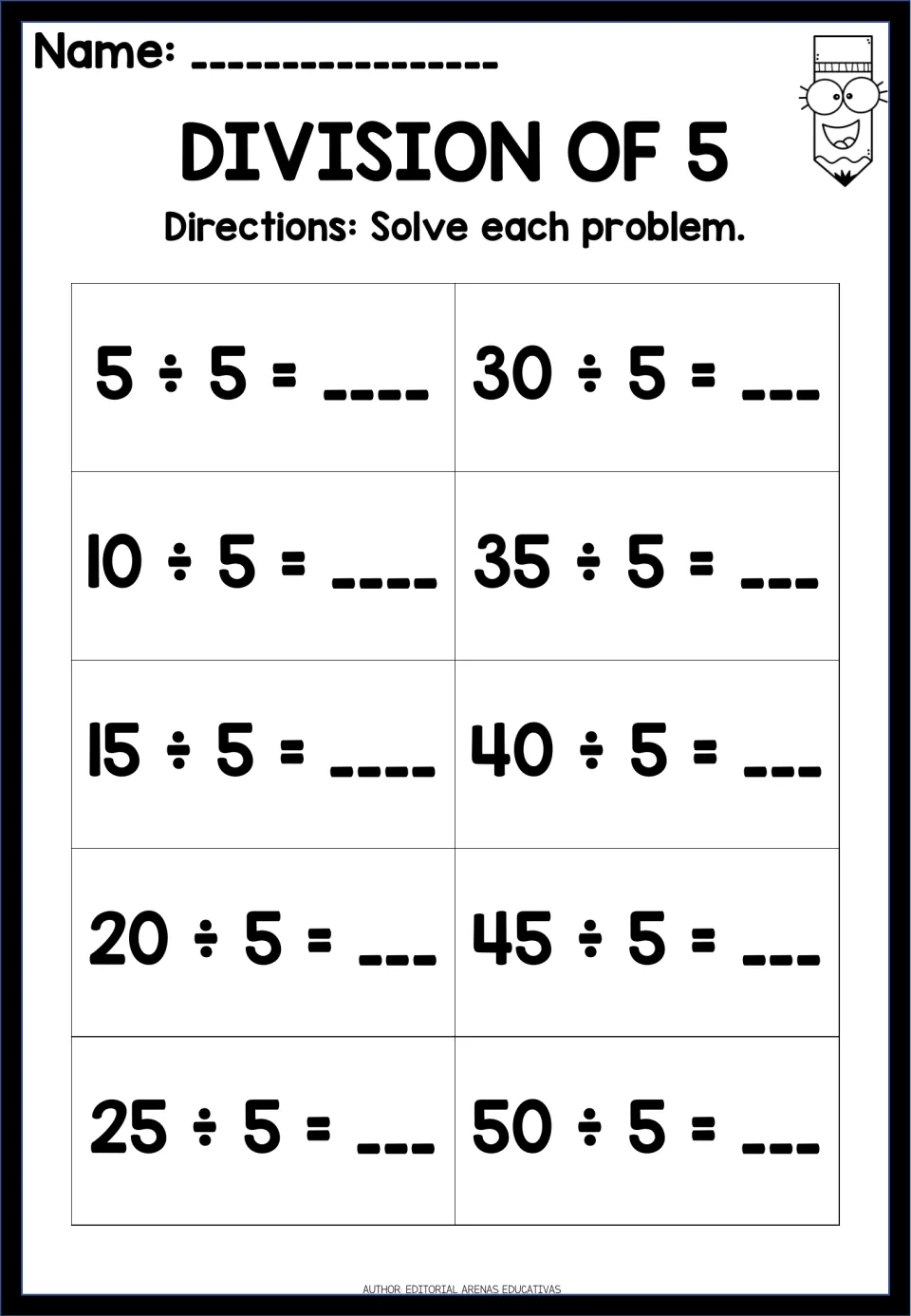Division of 5: ten facts from 5 ÷ 5 to 50 ÷ 5 where students write each quotient, practising division by five