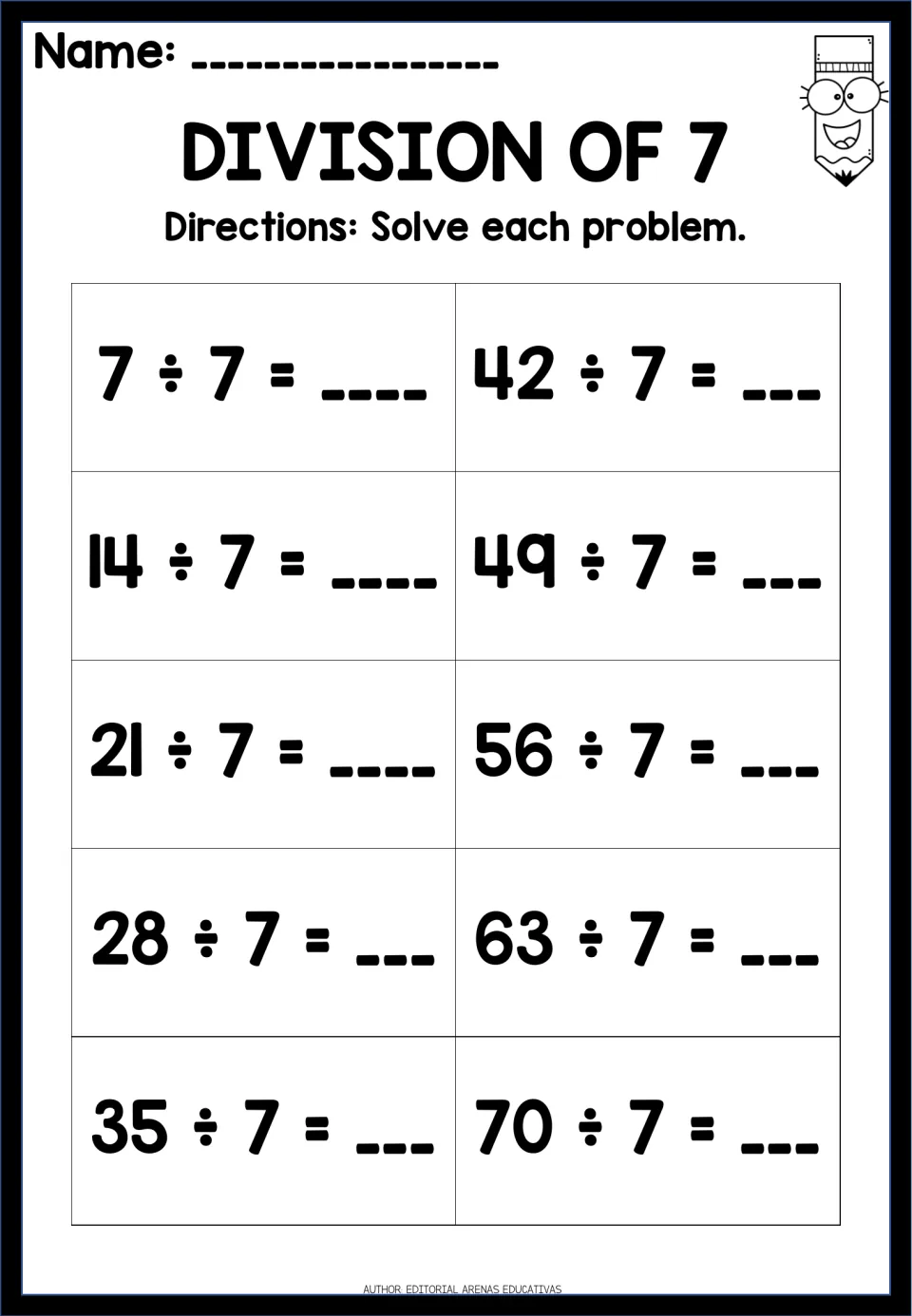 Division of 7: students solve ten problems from 7 ÷ 7 through 70 ÷ 7, practising division facts for sevens