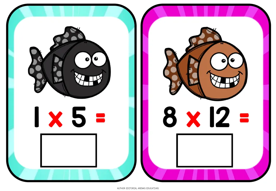 Multiplication flashcards 1–2 of 12: 1 × 5 and 8 × 12, with missing products for students to complete.