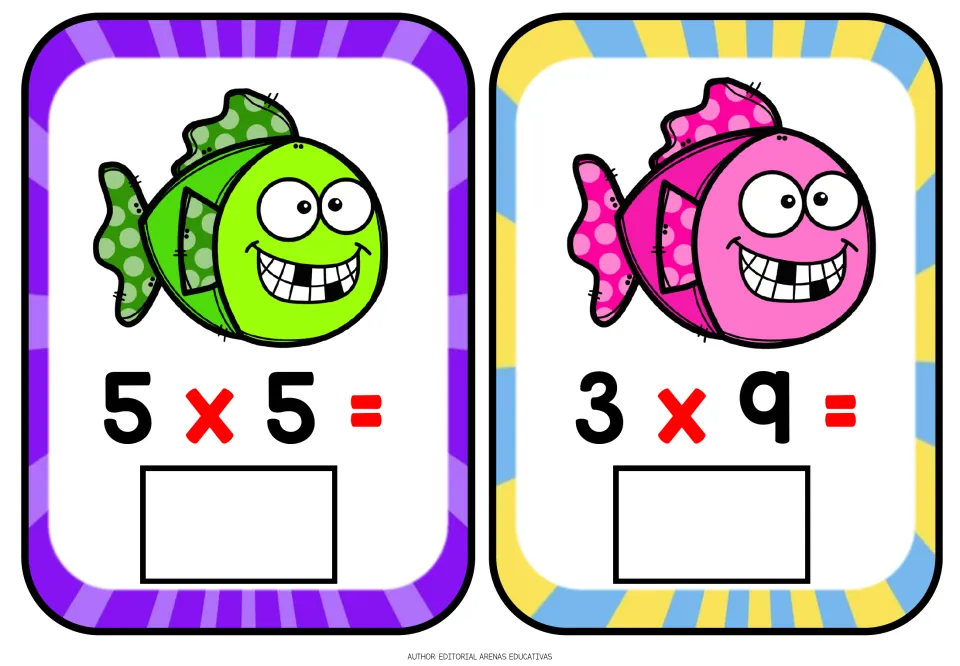 Multiplication flashcards 3–4 of 12: 5 × 5 and 3 × 9, with missing products for students to complete.