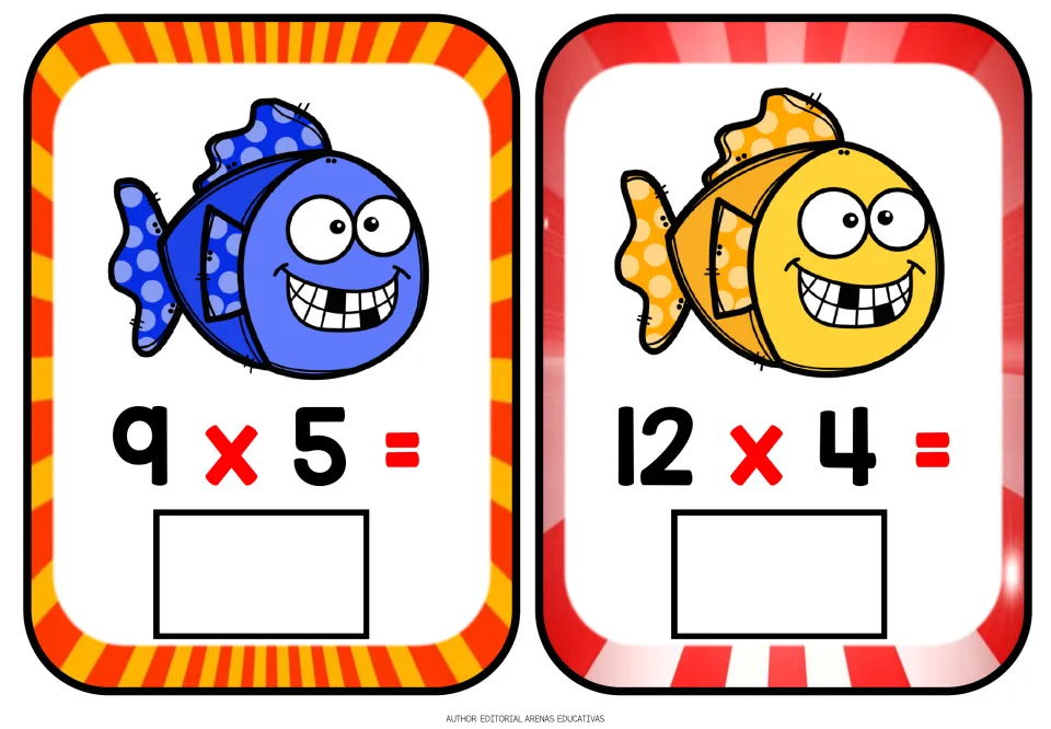 Multiplication flashcards 5–6 of 12: 9 × 5 and 12 × 4, with missing products for students to complete.