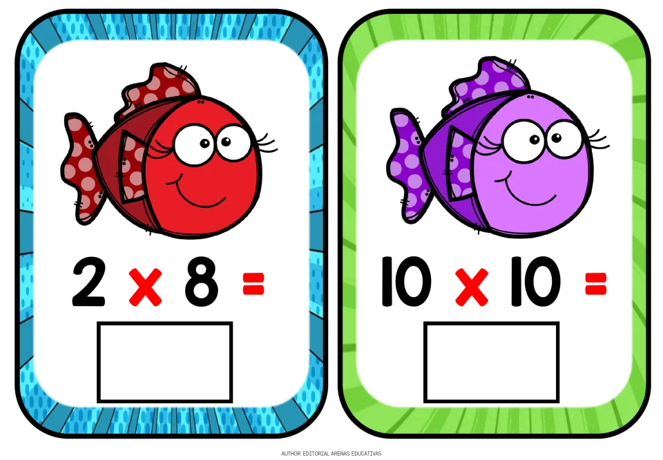 Multiplication flashcards 7–8 of 12: 2 × 8 and 10 × 10, with missing products for students to complete.