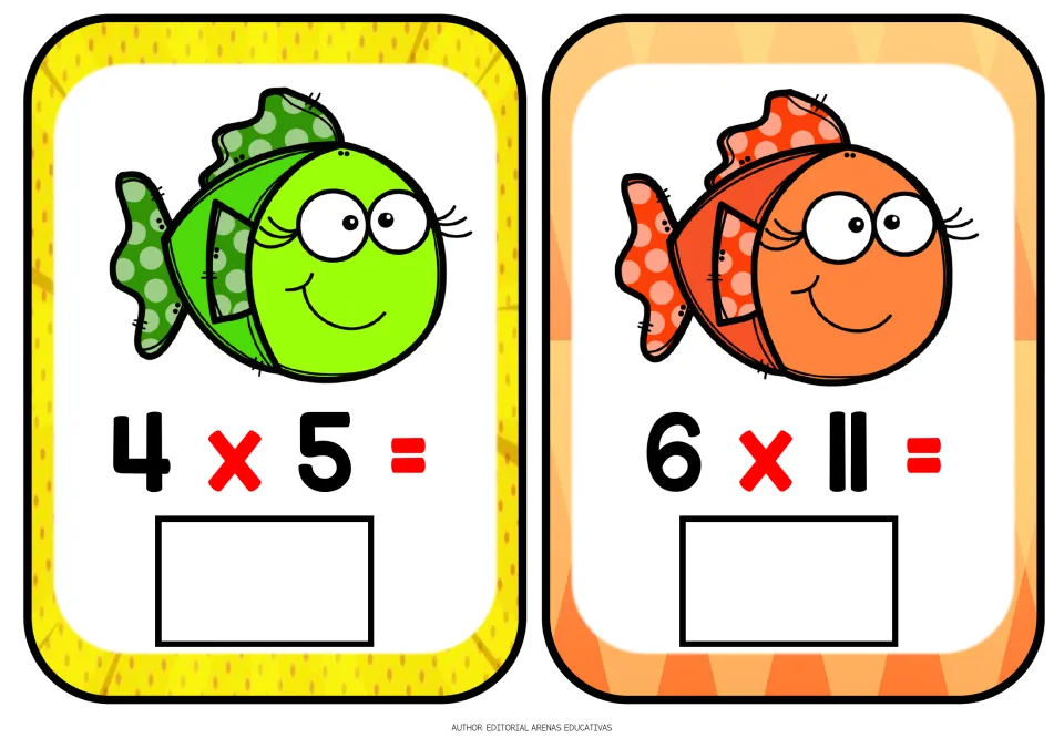 Multiplication flashcards 9–10 of 12: 4 × 5 and 6 × 11, with missing products for students to complete.