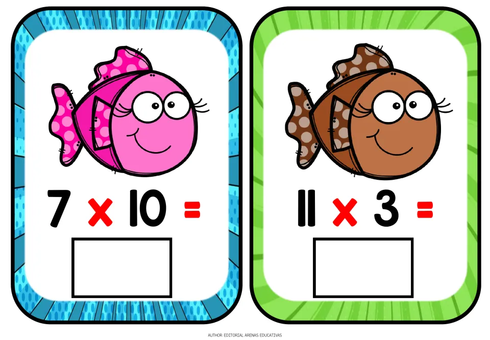Multiplication flashcards 11–12 of 12: 7 × 10 and 11 × 3, with missing products for students to complete.
