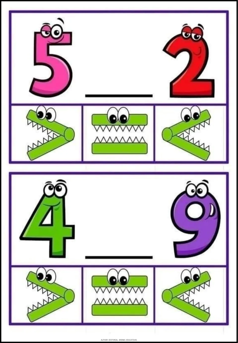 Comparison exercises 3–4: compare 5 with 2 and 4 with 9, choosing greater than, equal to, or less than.