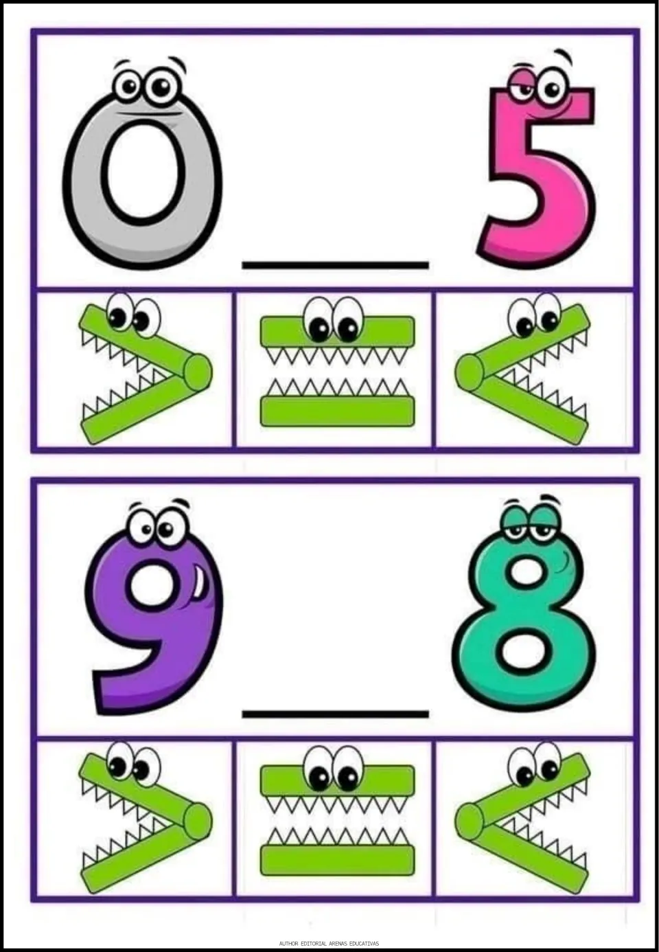 Comparison exercises 7–8: compare 0 with 5 and 9 with 8, choosing greater than, equal to, or less than.