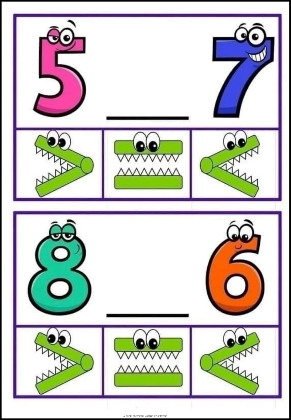 Comparison exercises 9–10: compare 5 with 7 and 8 with 6, choosing greater than, equal to, or less than.