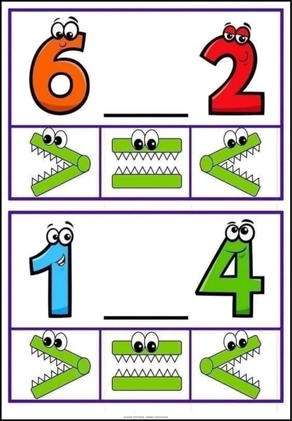 Comparison exercises 11–12: compare 6 with 2 and 1 with 4, choosing greater than, equal to, or less than.