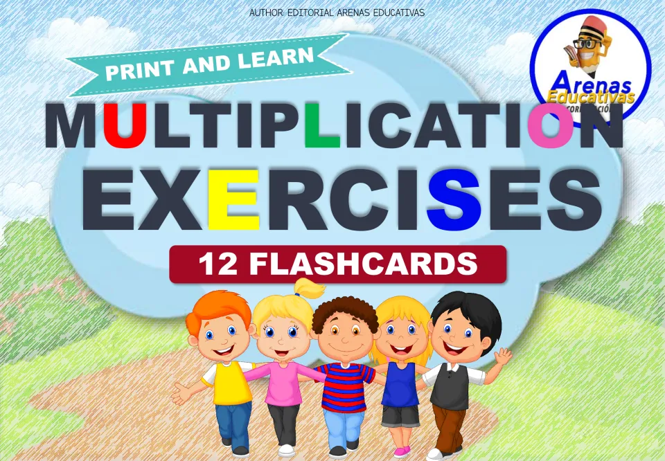 Multiplication Exercises cover: Print and Learn set of 12 flashcards, shown with five cartoon children on a path