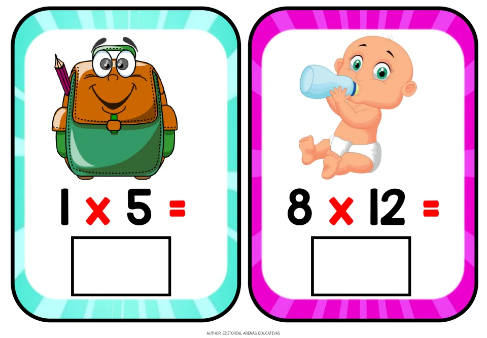 Multiplication flashcards 1 x 5 and 8 x 12: students write each product in the answer box under a backpack and a baby