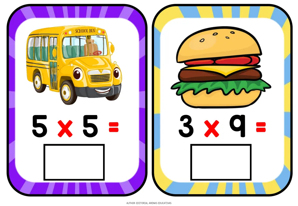 Multiplication flashcards 5 x 5 and 3 x 9: students write each product in the blank box; school bus and hamburger art