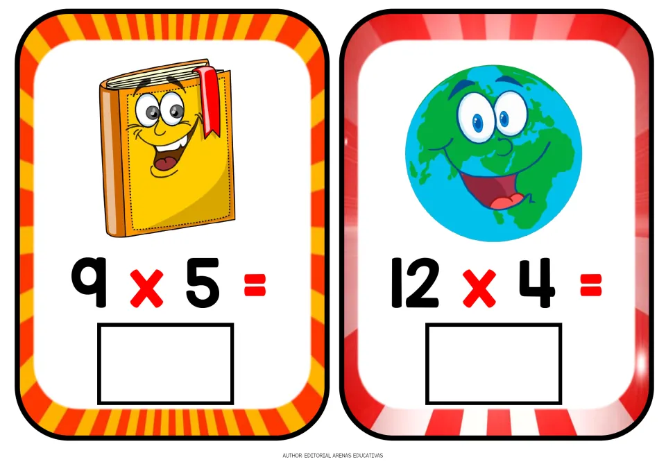 Multiplication flashcards 9 x 5 and 12 x 4: students fill in each product below a smiling book and a cartoon globe