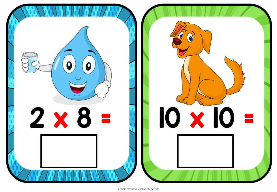 Multiplication flashcards 2 x 8 and 10 x 10: students write each product under a water drop and a puppy picture