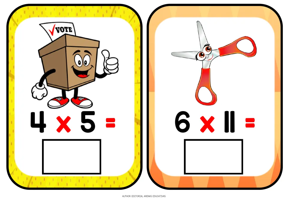 Multiplication flashcards 4 x 5 and 6 x 11: students record each product under a ballot box and scissors cartoon