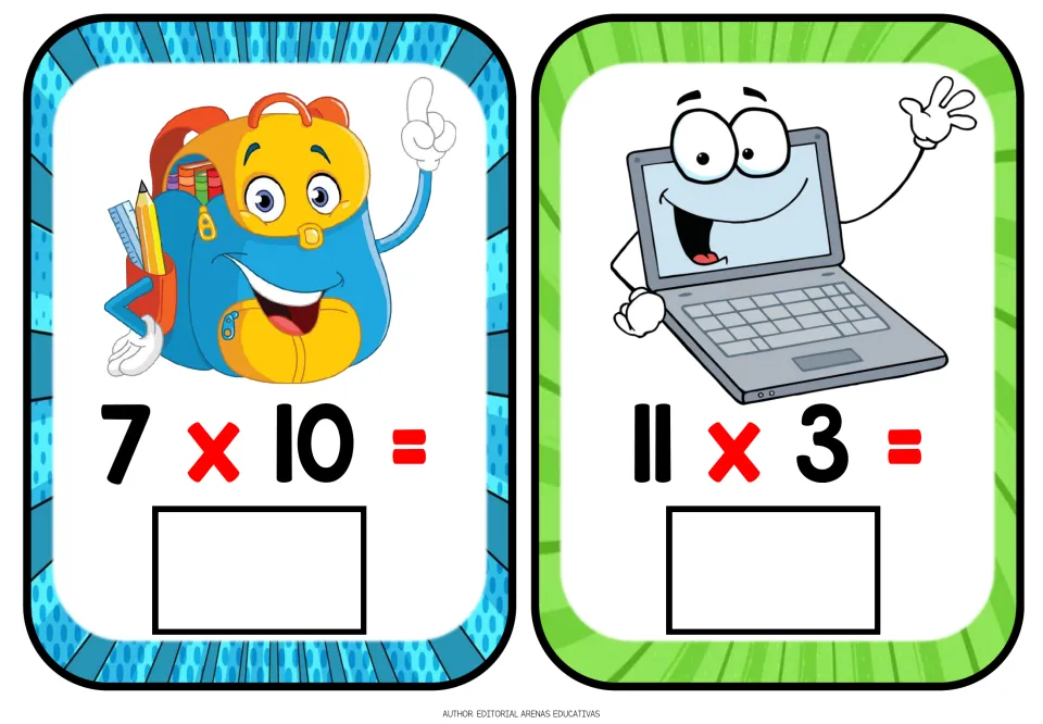 Multiplication flashcards 7 x 10 and 11 x 3: students write each product under a blue backpack and a laptop