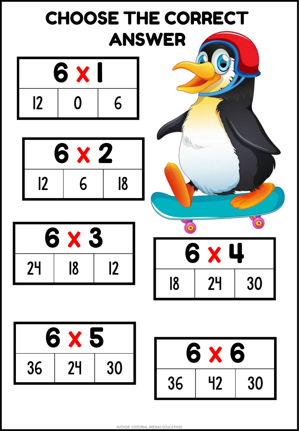 Multiplying by 6: students pick the right product from three choices on six clip cards, 6 x 1 through 6 x 6