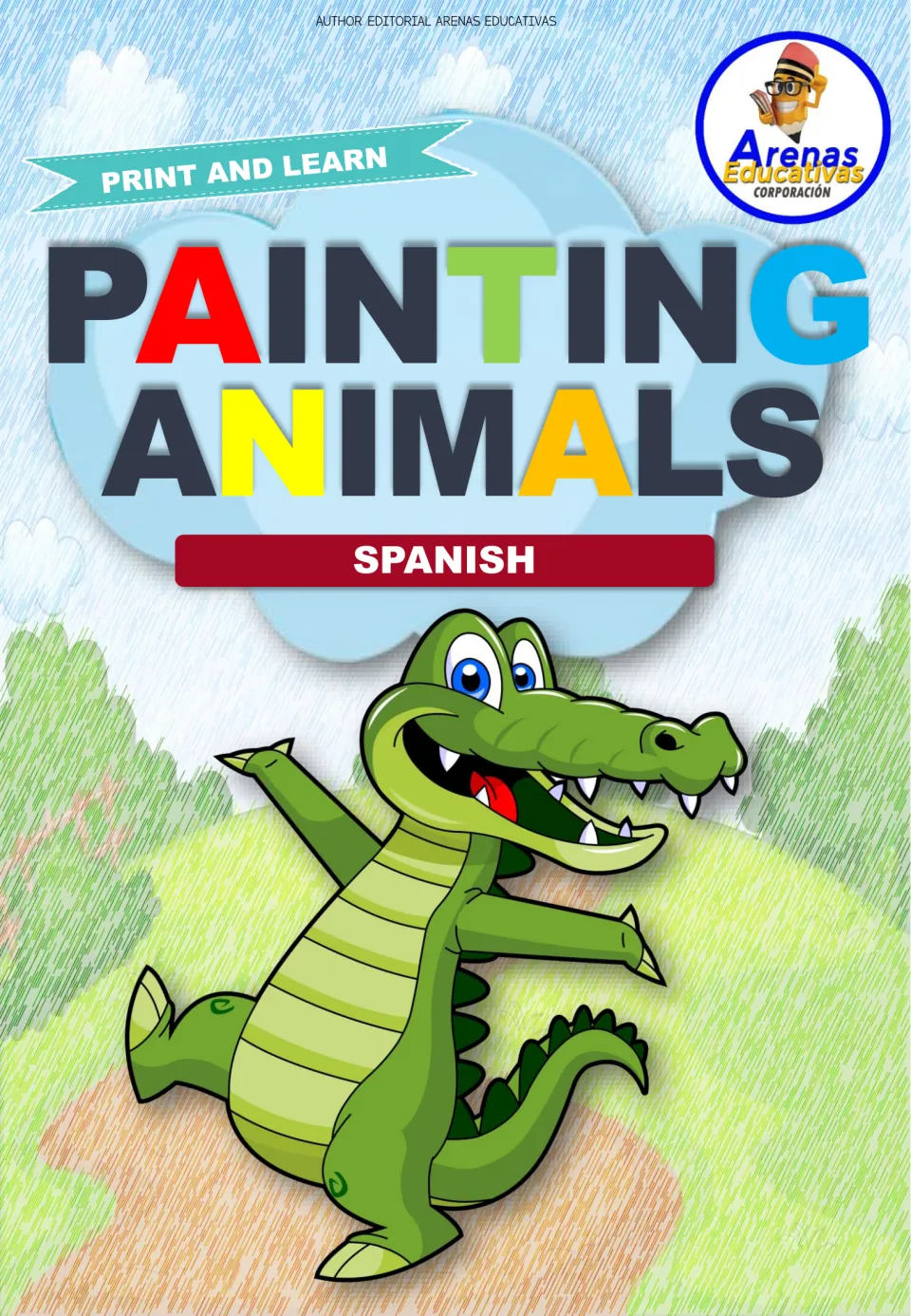 Cover of the Spanish animal coloring resource, titled Painting Animals, with a colored crocodile