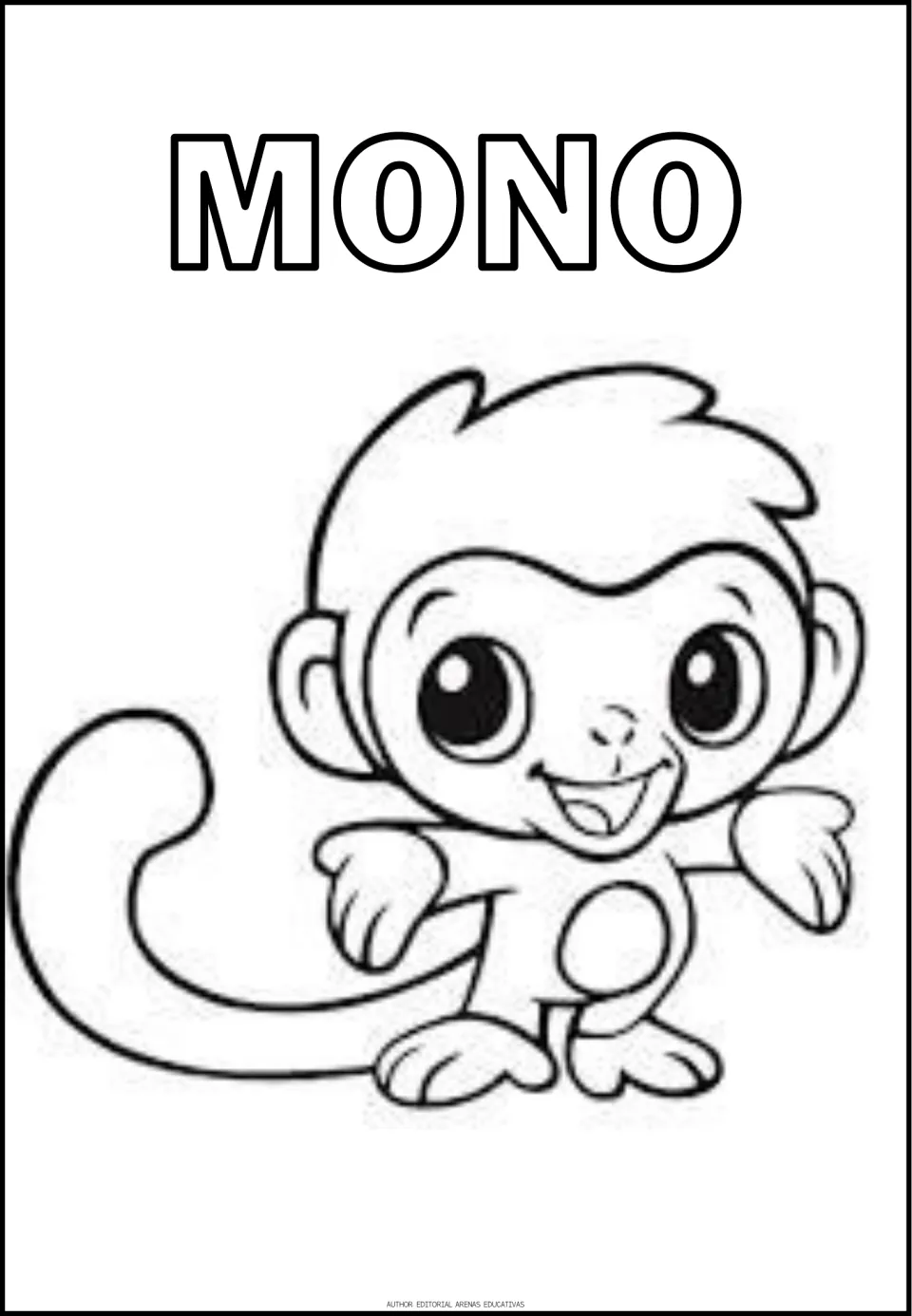 Spanish animal coloring sheet featuring a monkey labeled MONO (monkey), with outlined letters to color