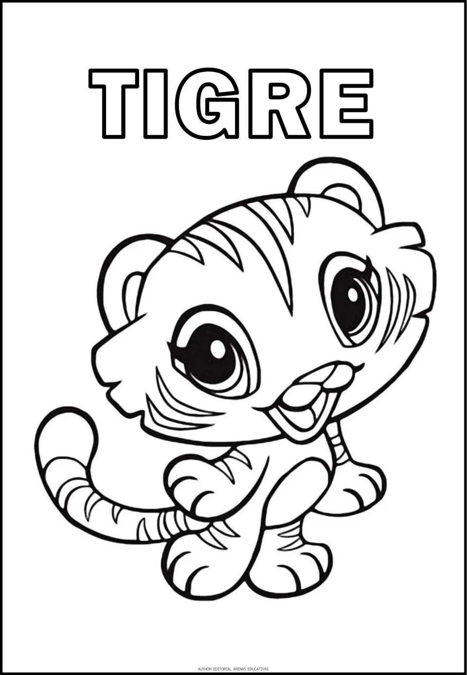 Spanish animal coloring sheet featuring a tiger labeled TIGRE (tiger), with outlined letters to color