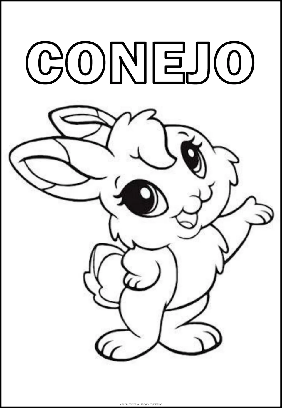 Spanish animal coloring sheet featuring a rabbit labeled CONEJO (rabbit), with outlined letters to color