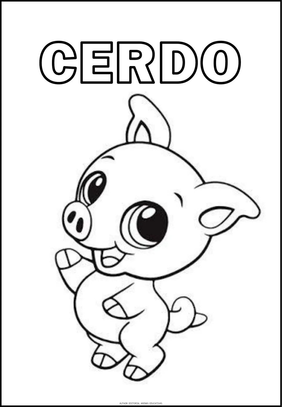 Spanish animal coloring sheet featuring a pig labeled CERDO (pig), with outlined letters to color