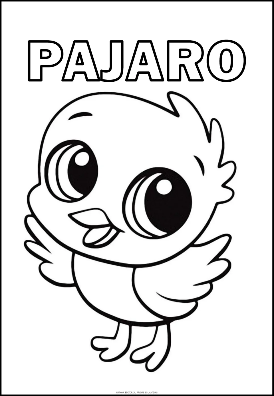 Spanish animal coloring sheet featuring a bird labeled PAJARO (bird), with outlined letters to color