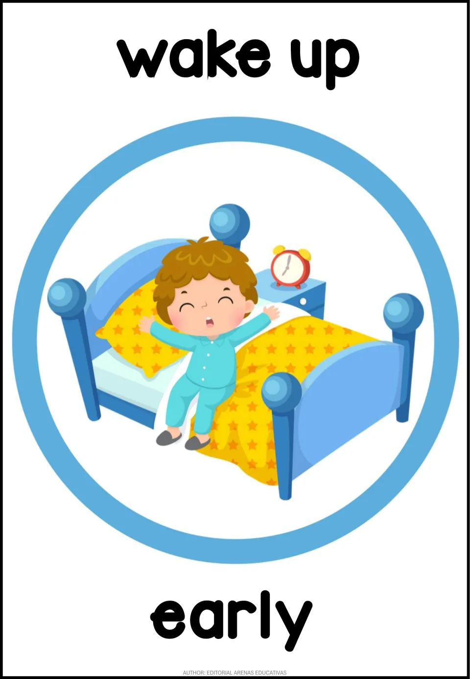 English routine poster labeled 'wake up early', showing a child stretching while sitting on a bed