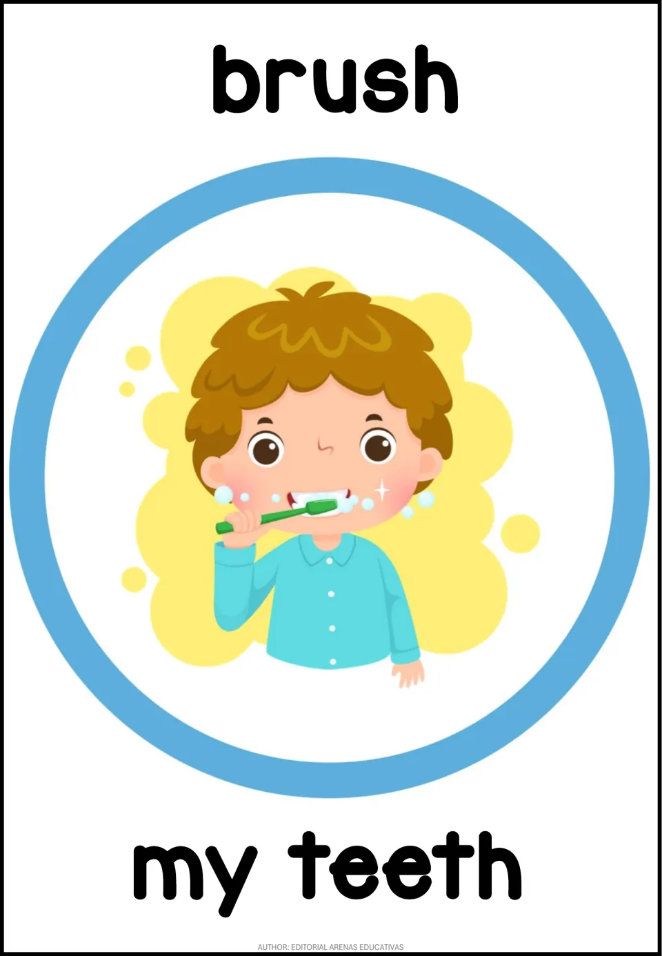 English routine poster labeled 'brush my teeth', showing a child brushing his teeth with a toothbrush