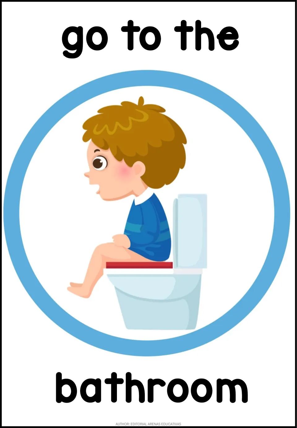 English routine poster labeled 'go to the bathroom', showing a child sitting on a toilet