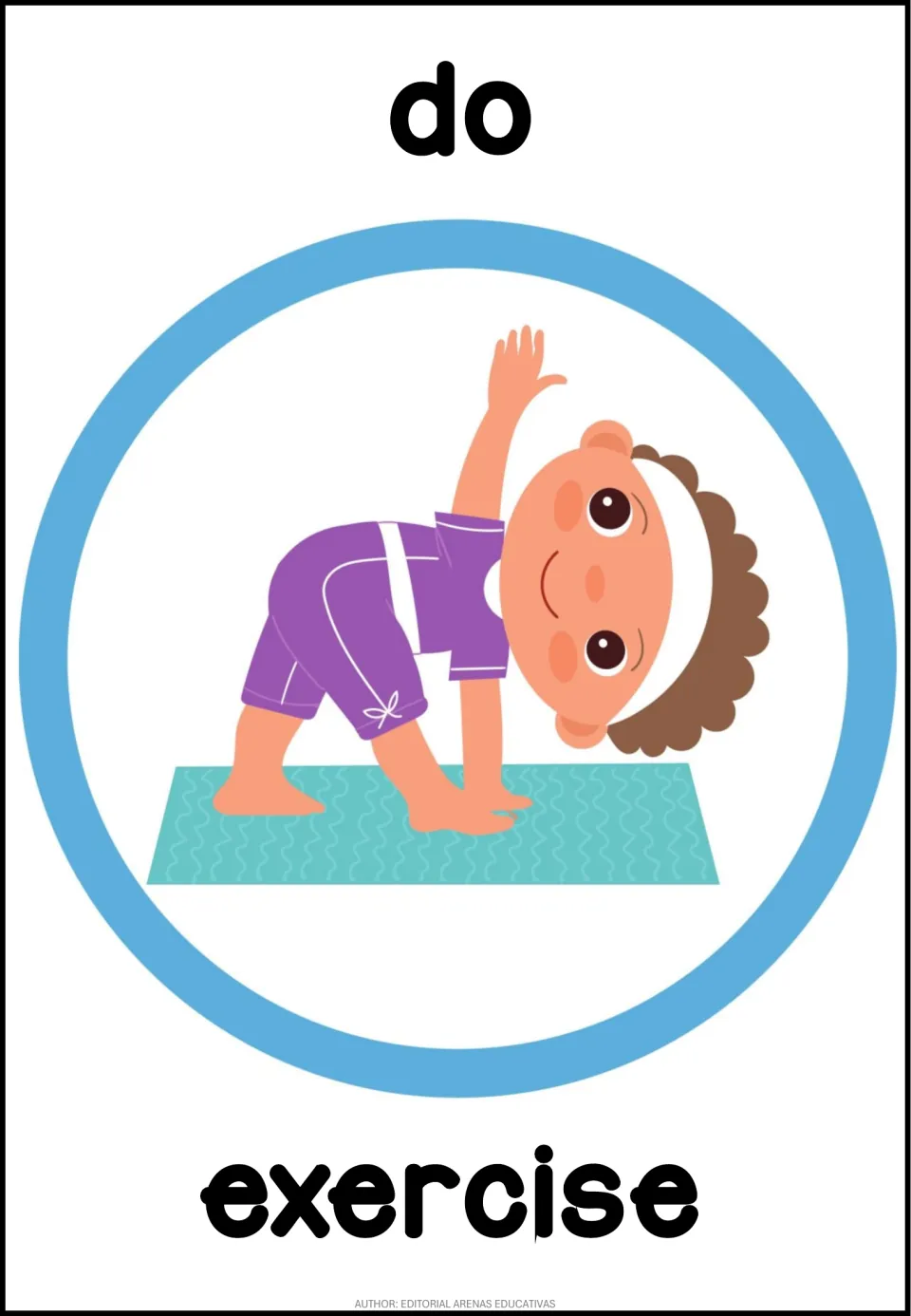 English routine poster labeled 'do exercise', showing a child stretching on a mat with one arm raised