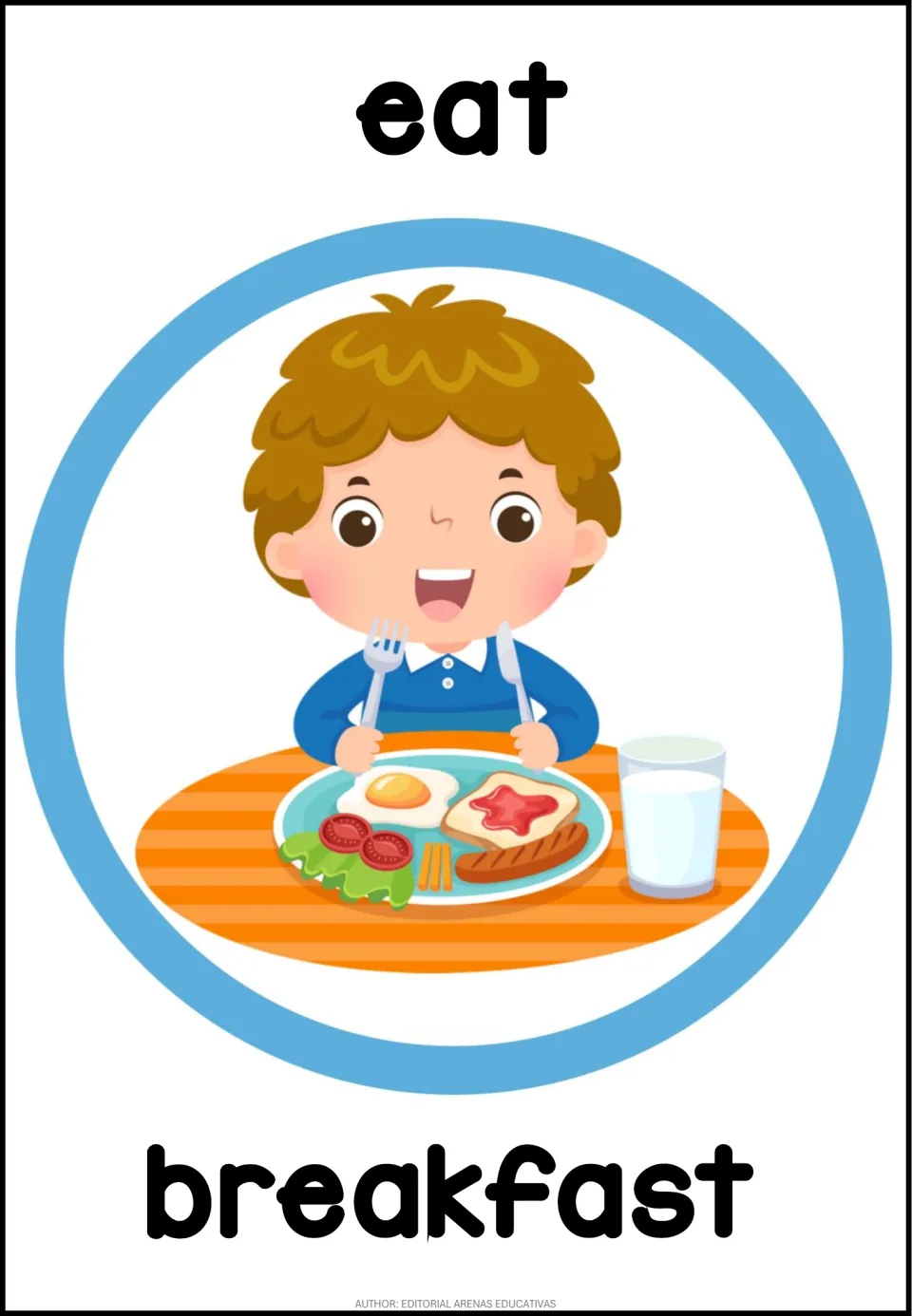 English routine poster labeled 'eat breakfast', showing a child holding utensils beside a plate of food