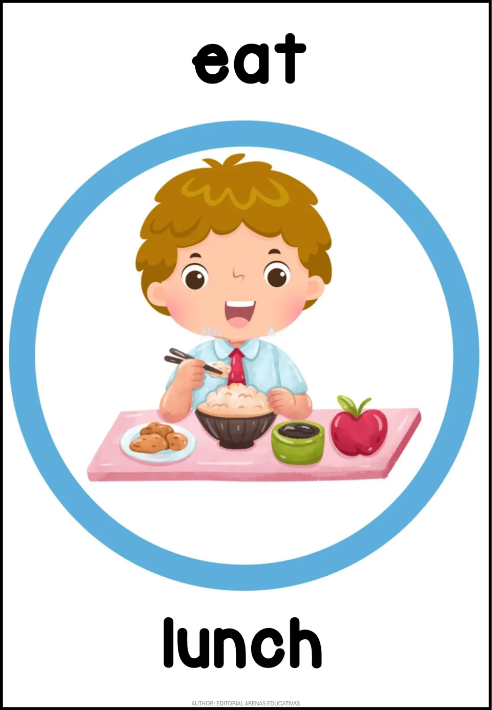 English routine poster labeled 'eat lunch', showing a child eating from a bowl at a table with an apple