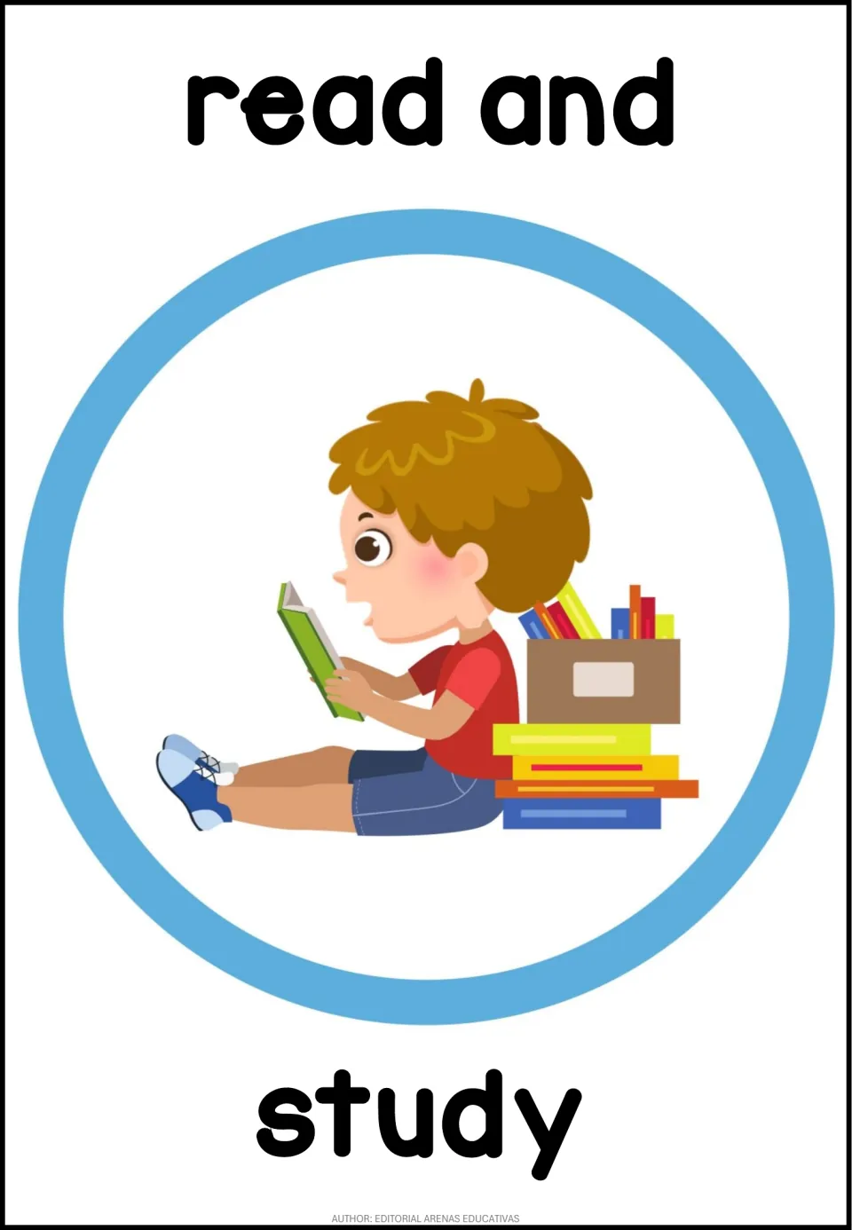 English routine poster labeled 'read and study', showing a child reading beside a stack of books