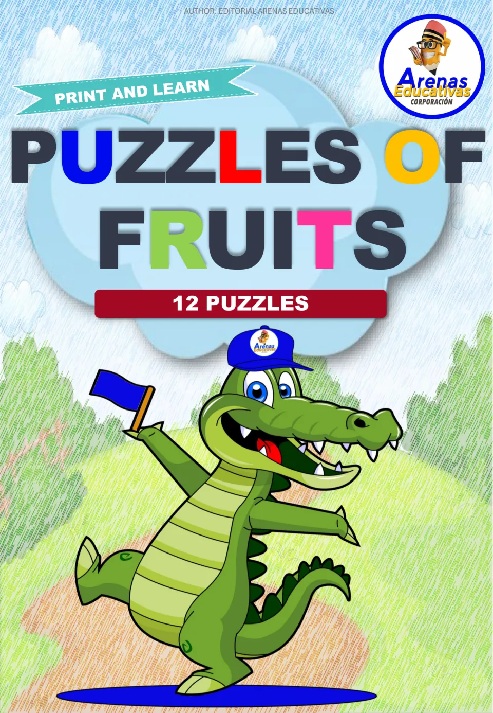 Cover of the Spanish fruit puzzle set, headed 'Puzzles of Fruits' and identifying the set as 12 puzzles