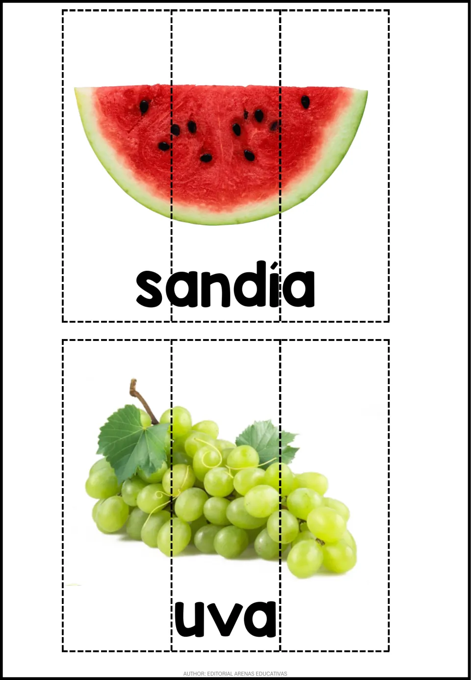 Two three-piece Spanish fruit puzzles with photographs labeled sandía (watermelon) and uva (grape)