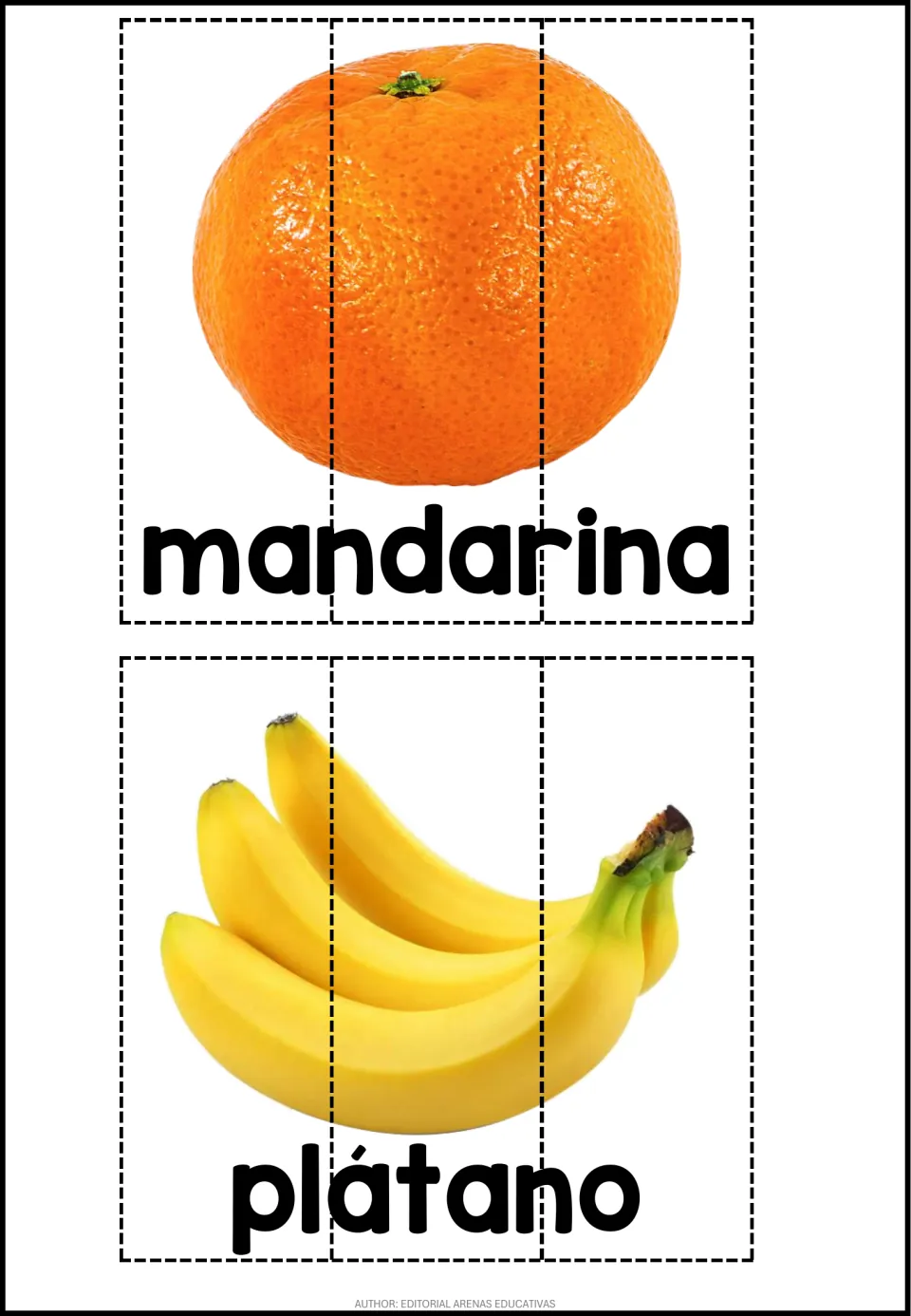 Two three-piece Spanish fruit puzzles with photographs labeled mandarina (mandarin) and plátano (banana)