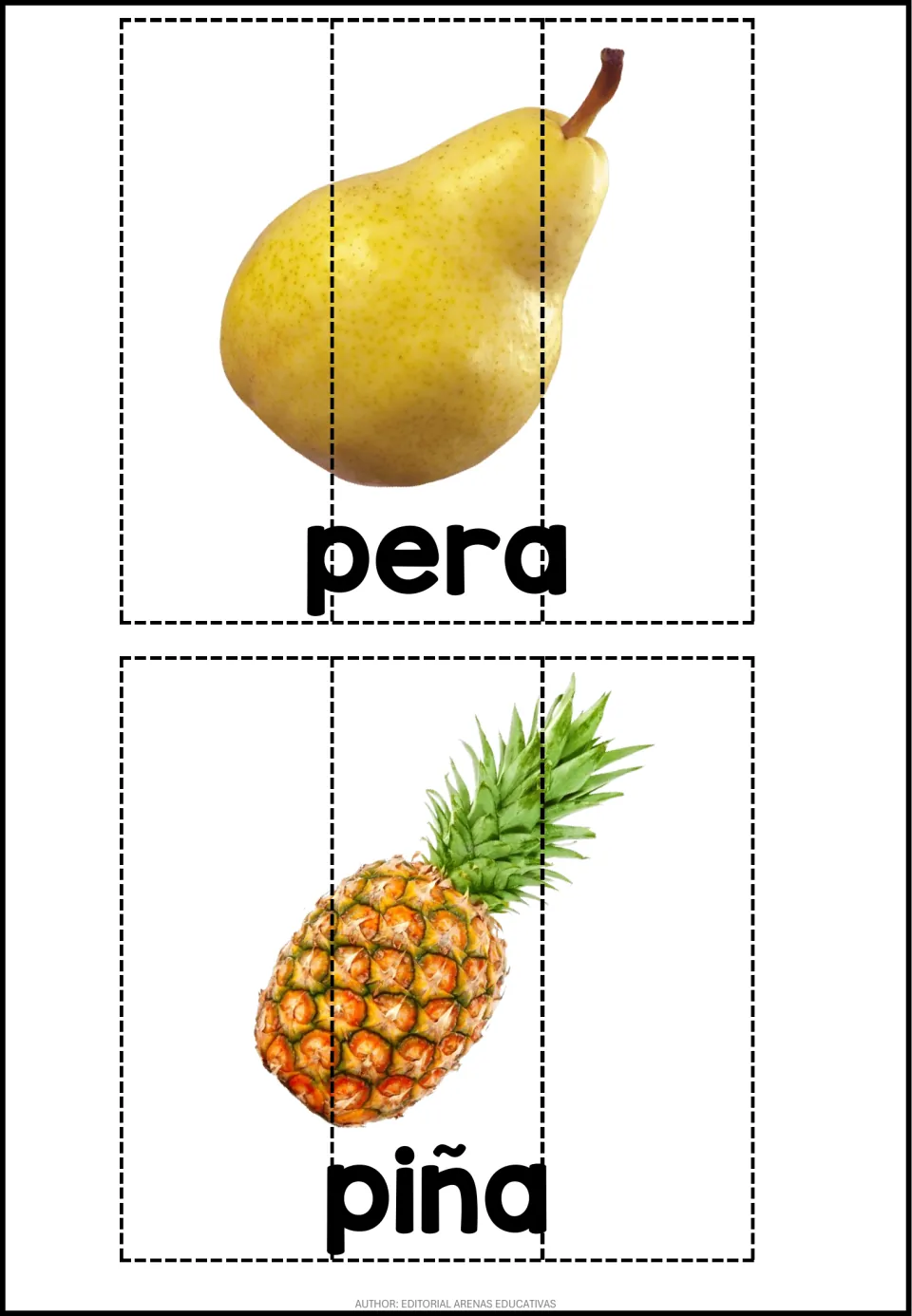 Two three-piece Spanish fruit puzzles with photographs labeled pera (pear) and piña (pineapple)