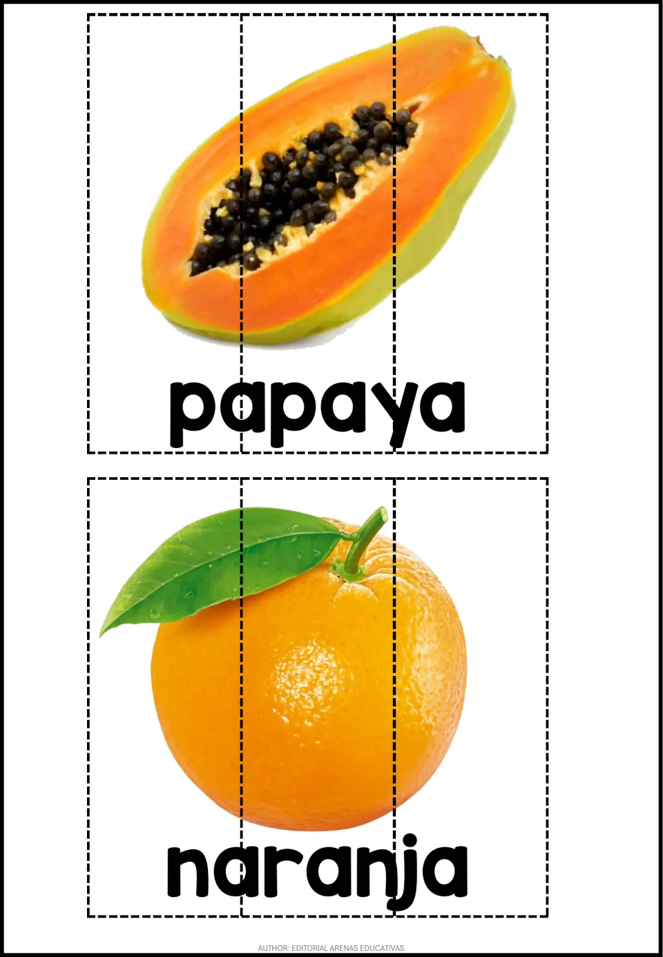 Two three-piece Spanish fruit puzzles with photographs labeled papaya (papaya) and naranja (orange)